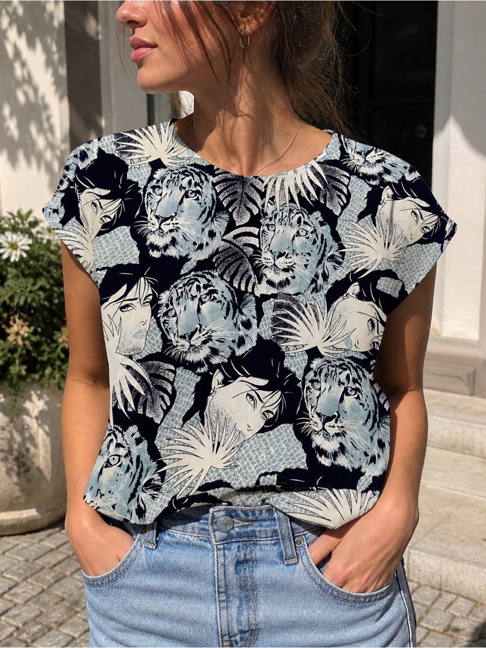 Vintage Navy & Light Blue Tiger & Face Print Top